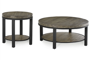 Modern Industrial Round 2-Tier Coffee Table with Rustic Wood Top and Black Metal Frame