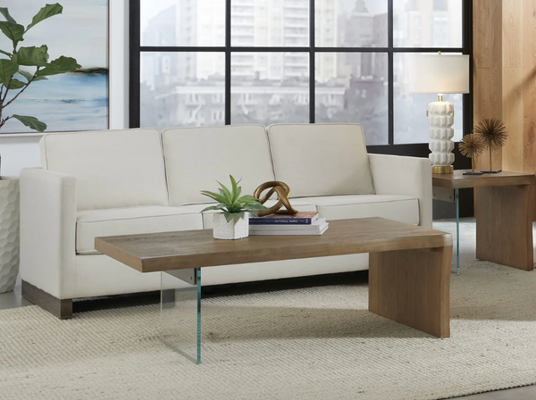 Modern Floating Coffee Table - Solid Wood Waterfall Design with Clear Tempered Glass Leg