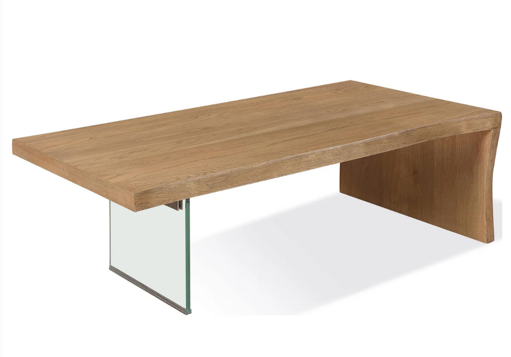 Modern Floating Coffee Table - Solid Wood Waterfall Design with Clear Tempered Glass Leg