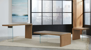 Modern Floating Coffee Table - Solid Wood Waterfall Design with Clear Tempered Glass Leg