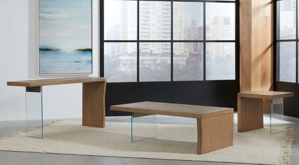 Modern Floating Coffee Table - Solid Wood Waterfall Design with Clear Tempered Glass Leg