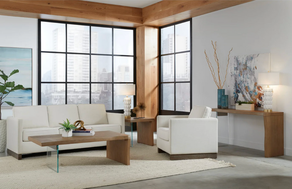 Modern Floating Coffee Table - Solid Wood Waterfall Design with Clear Tempered Glass Leg