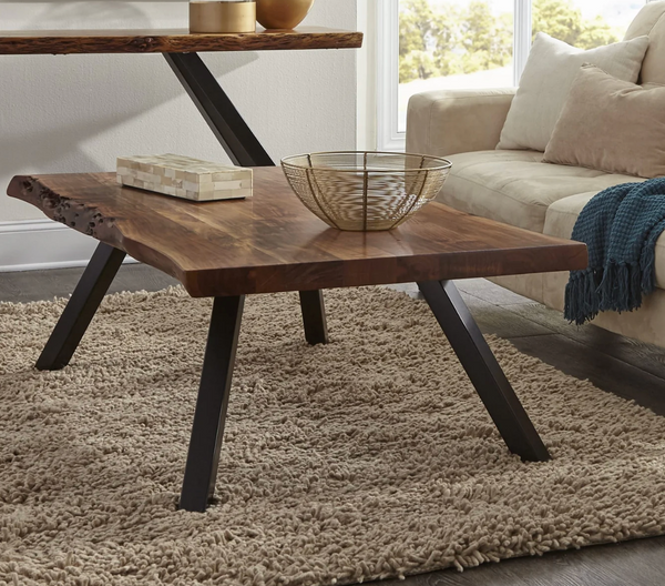 Industrial Live Edge Coffee Table - Solid Acacia Wood with Black Metal Legs, Natural Finish
