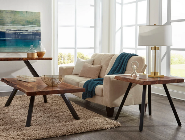 Industrial Live Edge Coffee Table - Solid Acacia Wood with Black Metal Legs, Natural Finish