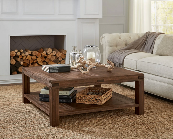 Meadow Square Coffee Table - Solid Wood Center Table in Brick Brown Finish for Living Room