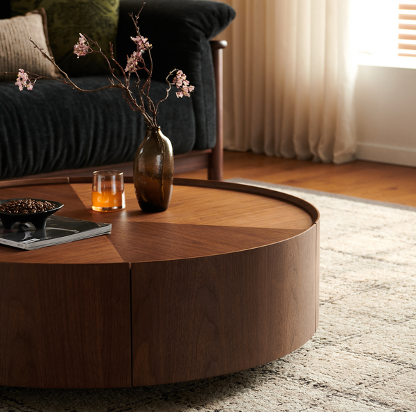 39.3-inch coffee tables, circular walnut design, suitable for living rooms, walnut material, suitable for bedrooms, living rooms, and offices