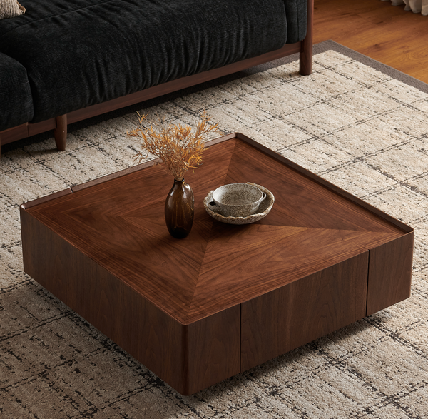 35.4-inch coffee table, square walnut wood design, suitable for living room. Walnut wood material, suitable for bedroom, living room and office
