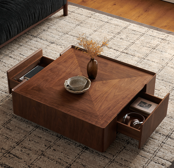 35.4-inch coffee table, square walnut wood design, suitable for living room. Walnut wood material, suitable for bedroom, living room and office