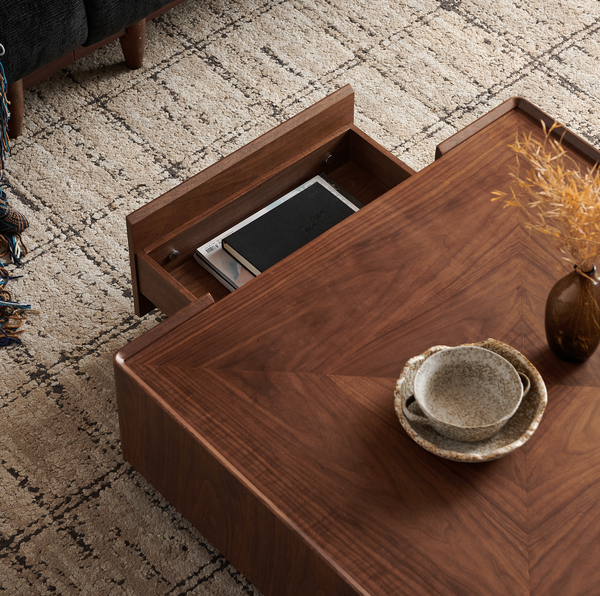 35.4-inch coffee table, square walnut wood design, suitable for living room. Walnut wood material, suitable for bedroom, living room and office
