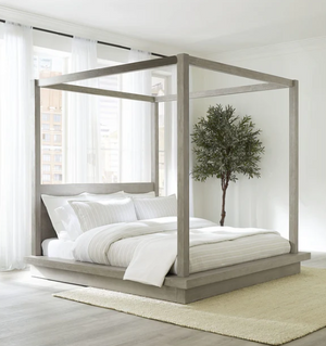 Modern Solid Wood Canopy Bed with Platform Base - Weathered Grey Finish Four-Poster Bed