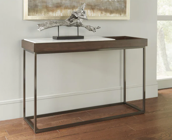 Jazz Marble and Walnut Veneer Console Table with Gunmetal Steel Base