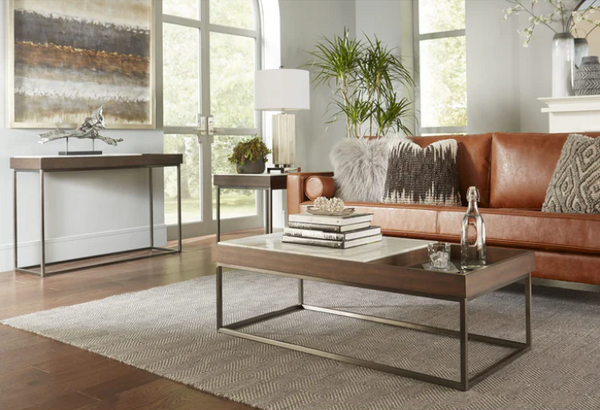 Jazz Marble and Walnut Veneer Console Table with Gunmetal Steel Base