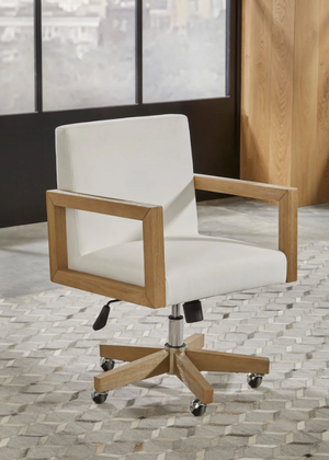 Ergonomic White Twill Office Chair - Solid Rubberwood Frame Swivel Desk Chair in Bisque Finish