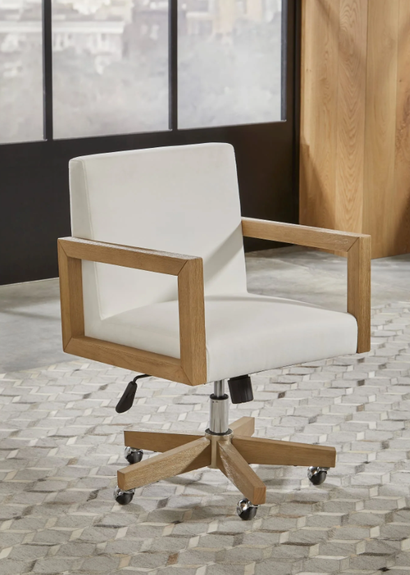 Ergonomic White Twill Office Chair - Solid Rubberwood Frame Swivel Desk Chair in Bisque Finish