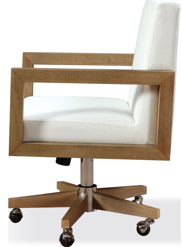 Ergonomic White Twill Office Chair - Solid Rubberwood Frame Swivel Desk Chair in Bisque Finish
