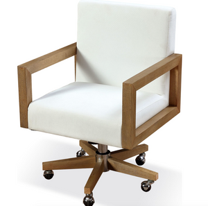 Ergonomic White Twill Office Chair - Solid Rubberwood Frame Swivel Desk Chair in Bisque Finish