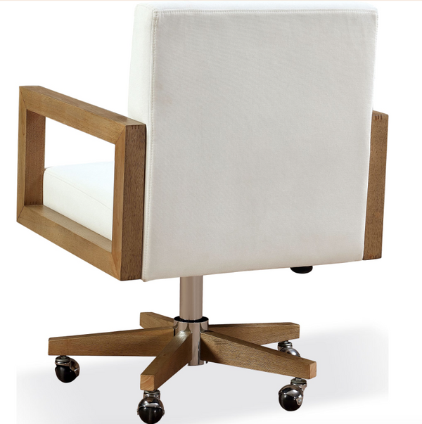 Ergonomic White Twill Office Chair - Solid Rubberwood Frame Swivel Desk Chair in Bisque Finish