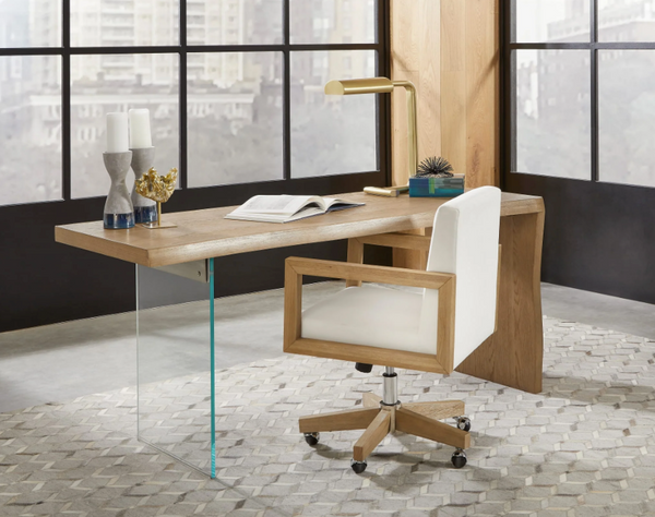 Ergonomic White Twill Office Chair - Solid Rubberwood Frame Swivel Desk Chair in Bisque Finish
