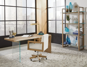 Ergonomic White Twill Office Chair - Solid Rubberwood Frame Swivel Desk Chair in Bisque Finish