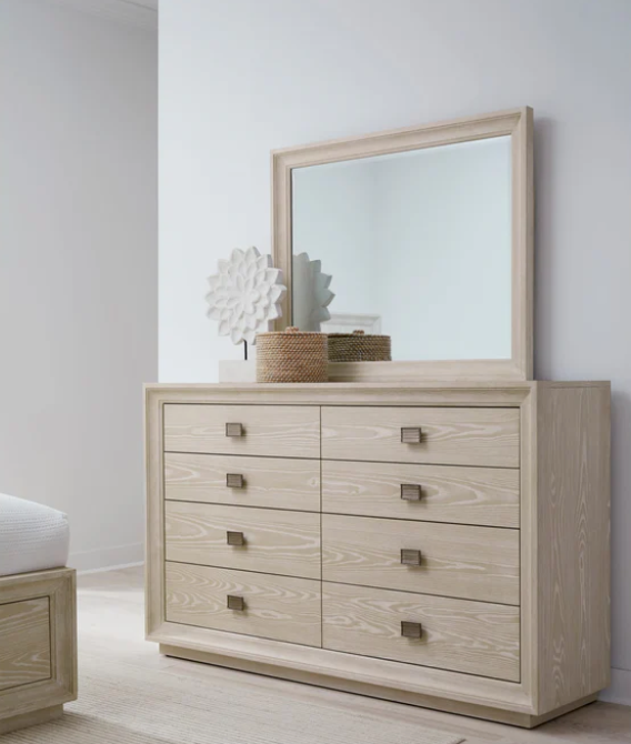 Classic White & Beige Wood Landscape Mirror - Wire Brushed Sugar Finish Bedroom Dresser Mirror