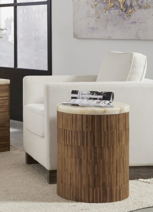 Natural Teak Wood and Onyx Stone Side Table - Handcrafted Drum End Table with Unique Wood Tiles