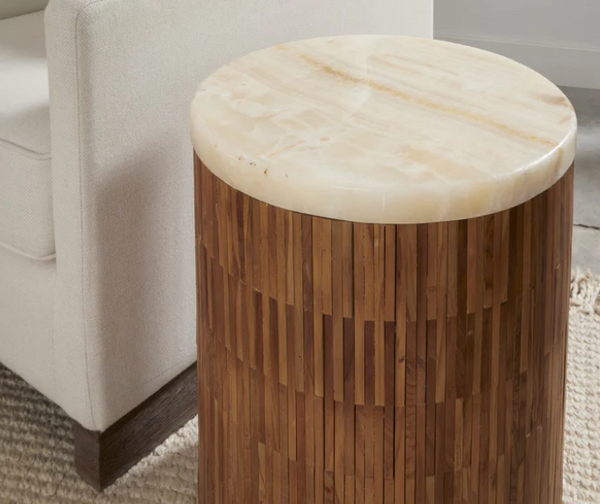 Natural Teak Wood and Onyx Stone Side Table - Handcrafted Drum End Table with Unique Wood Tiles