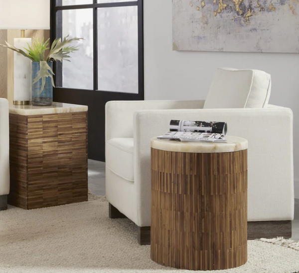 Natural Teak Wood and Onyx Stone Side Table - Handcrafted Drum End Table with Unique Wood Tiles