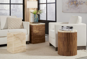 Natural Teak Wood and Onyx Stone Side Table - Handcrafted Drum End Table with Unique Wood Tiles