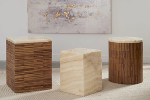 Natural Teak Wood and Onyx Stone Side Table - Handcrafted Drum End Table with Unique Wood Tiles