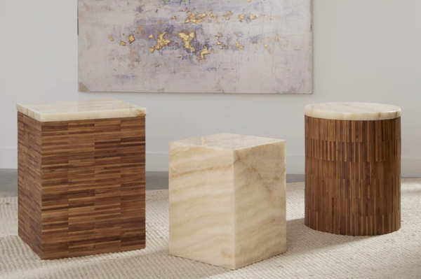 Natural Teak Wood and Onyx Stone Side Table - Handcrafted Drum End Table with Unique Wood Tiles