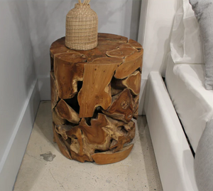 Handcrafted Teak Slice Round End Table - Solid Wood Drum Side Table in Warm Natural Finish