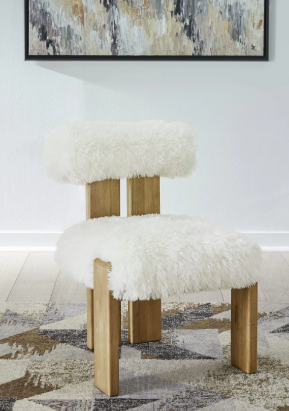 Modern Dining Accent Chair - Faux Sheepskin Upholstery with Solid Wood Frame