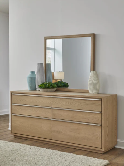 Coastal Modern White Oak Dresser Mirror - Bisque Finish Solid Wood Frame with Beveled Glass