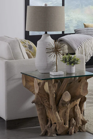 Handcrafted Teak Root Side Table with Clear Tempered Glass Top - One-of-a-Kind Natural Wood End Table