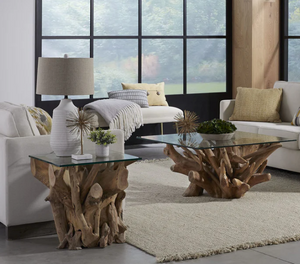 Handcrafted Teak Root Side Table with Clear Tempered Glass Top - One-of-a-Kind Natural Wood End Table