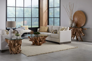 Handcrafted Teak Root Side Table with Clear Tempered Glass Top - One-of-a-Kind Natural Wood End Table