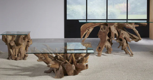 Handcrafted Teak Root Side Table with Clear Tempered Glass Top - One-of-a-Kind Natural Wood End Table