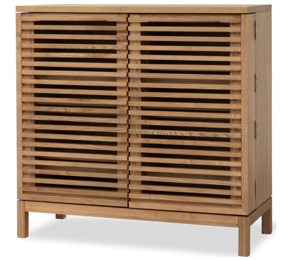 Bar Cabinet with Slatted Doors - Flaxen Oak Finish Modern Liquor Cabinet