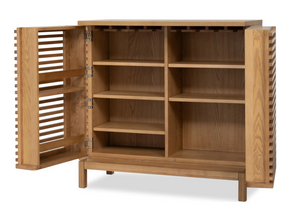 Bar Cabinet with Slatted Doors - Flaxen Oak Finish Modern Liquor Cabinet