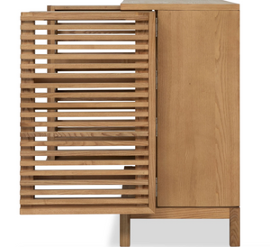 Bar Cabinet with Slatted Doors - Flaxen Oak Finish Modern Liquor Cabinet