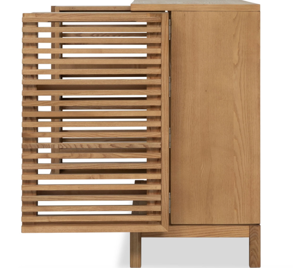 Bar Cabinet with Slatted Doors - Flaxen Oak Finish Modern Liquor Cabinet