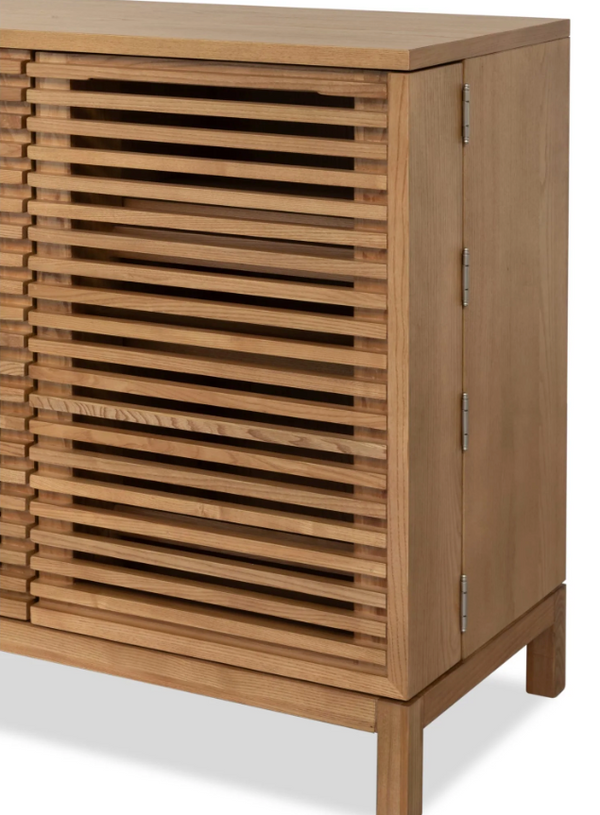 Bar Cabinet with Slatted Doors - Flaxen Oak Finish Modern Liquor Cabinet