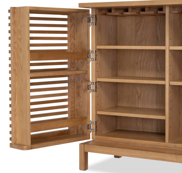Bar Cabinet with Slatted Doors - Flaxen Oak Finish Modern Liquor Cabinet