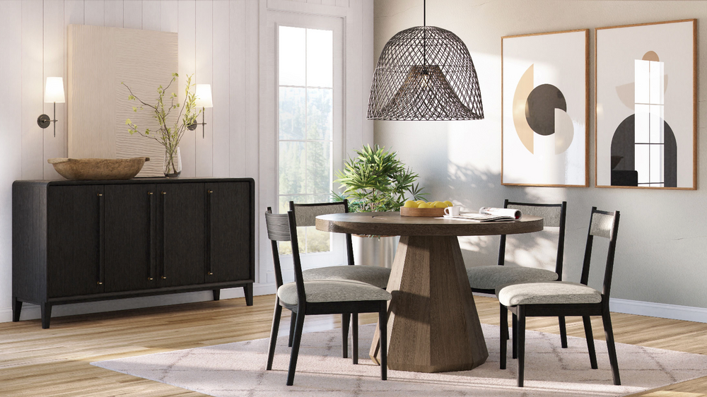 Modern Round Dining Table with Geometric Pedestal Base - Dark Walnut Wood Finish, Architectural Centerpiece Table