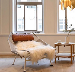 White Coated Steel Frame Rope Deck Chair - Comfortable Lazy Lounge Chair with Faux Fur Cushion - Minimalist Salon Settee with Tan Leather Pillow