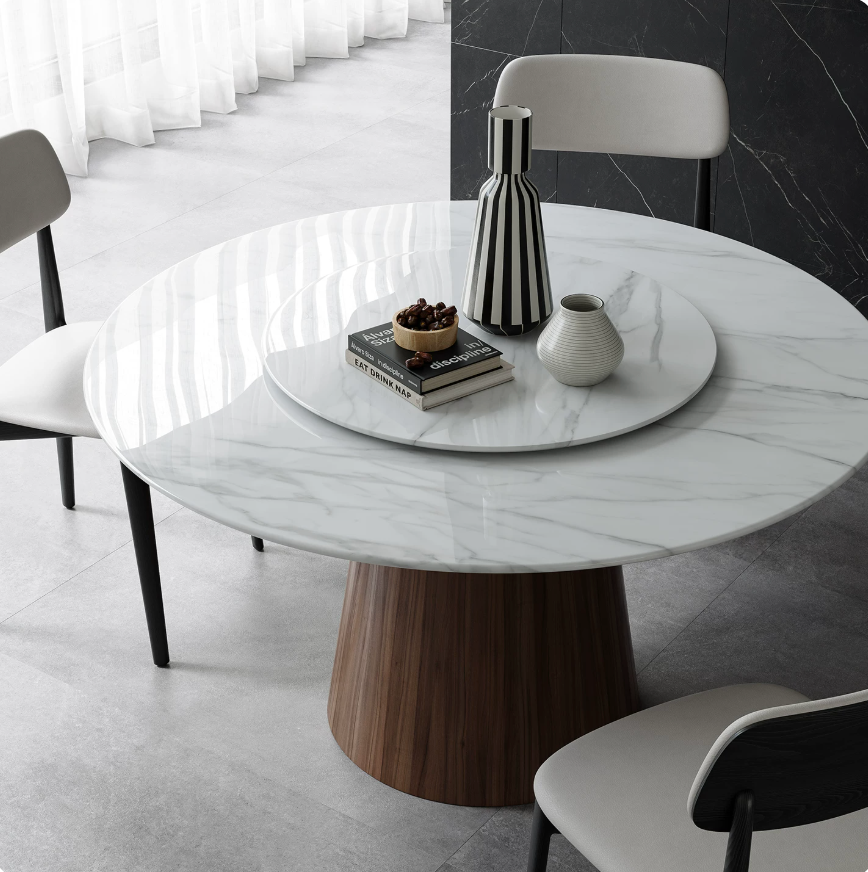 Modern Luxury Round White Marble Dining Table with Solid Wood Pedestal Base