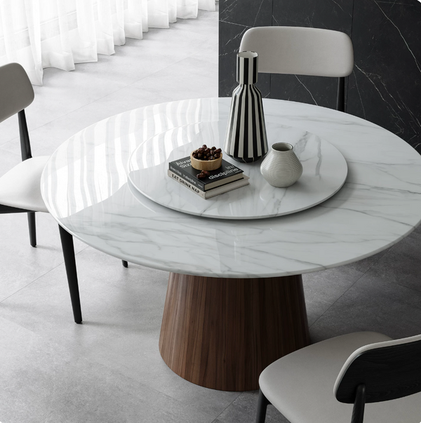 Modern Luxury Round White Marble Dining Table with Solid Wood Pedestal Base