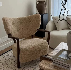 Modern Cream Bouclé Accent Chair with Solid Walnut Arms - Mid-Century Shearling Lounge Chair - Cozy Tufted Wingback Reading Chair for Living Room & Bedroom