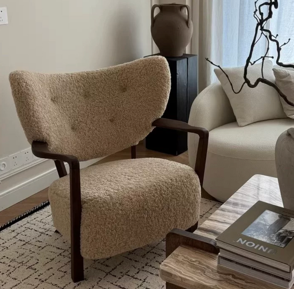Modern Cream Bouclé Accent Chair with Solid Walnut Arms - Mid-Century Shearling Lounge Chair - Cozy Tufted Wingback Reading Chair for Living Room & Bedroom