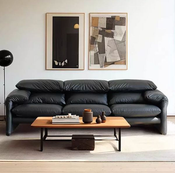 Modern Black Leather Sofa with Adjustable Backrest